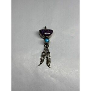 Rb Sterling Silver 925 Navajo South Western Style Pendant Feathers Dangle